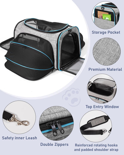 Siivton Cat Carrier,4 Sided Expandable Pet Carrier for Travel,Collapsible Soft-Sided Carriers with Removable Fleece Pad and Shoulder Straps,Airline Approved(17.5"x 11"x 11")
