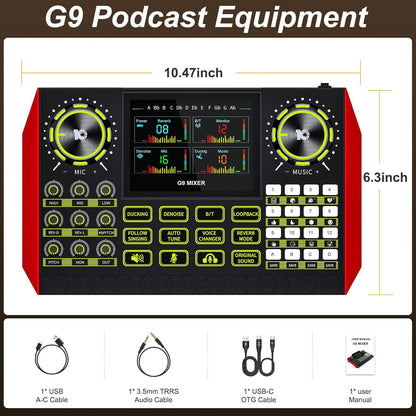 Tenlamp G9 Podcast Audio Mixer, Compatible with 3.5mm Microphones, Live Sound Card for PC/Phone Streaming Content Creators, with Noise Reduction and One-Touch Mute
