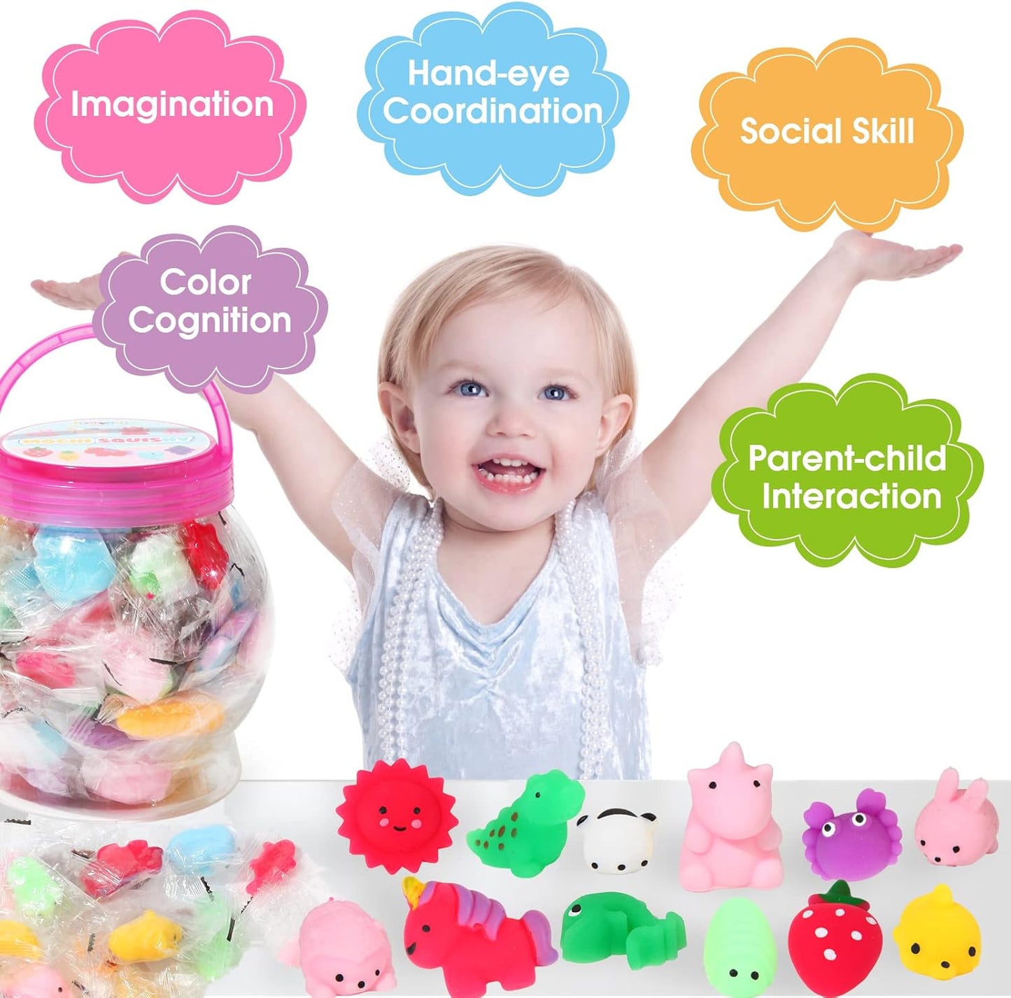 FUNNYB&G Kawaii Mochi Squishies Fidget Toy - 100 pcs Squishy Party Favors Kids Classroom Prize Birthday Goodie Bag Stuffers - Stress Relief Pack for Girls Boys Christmas Easter Valentines Gift