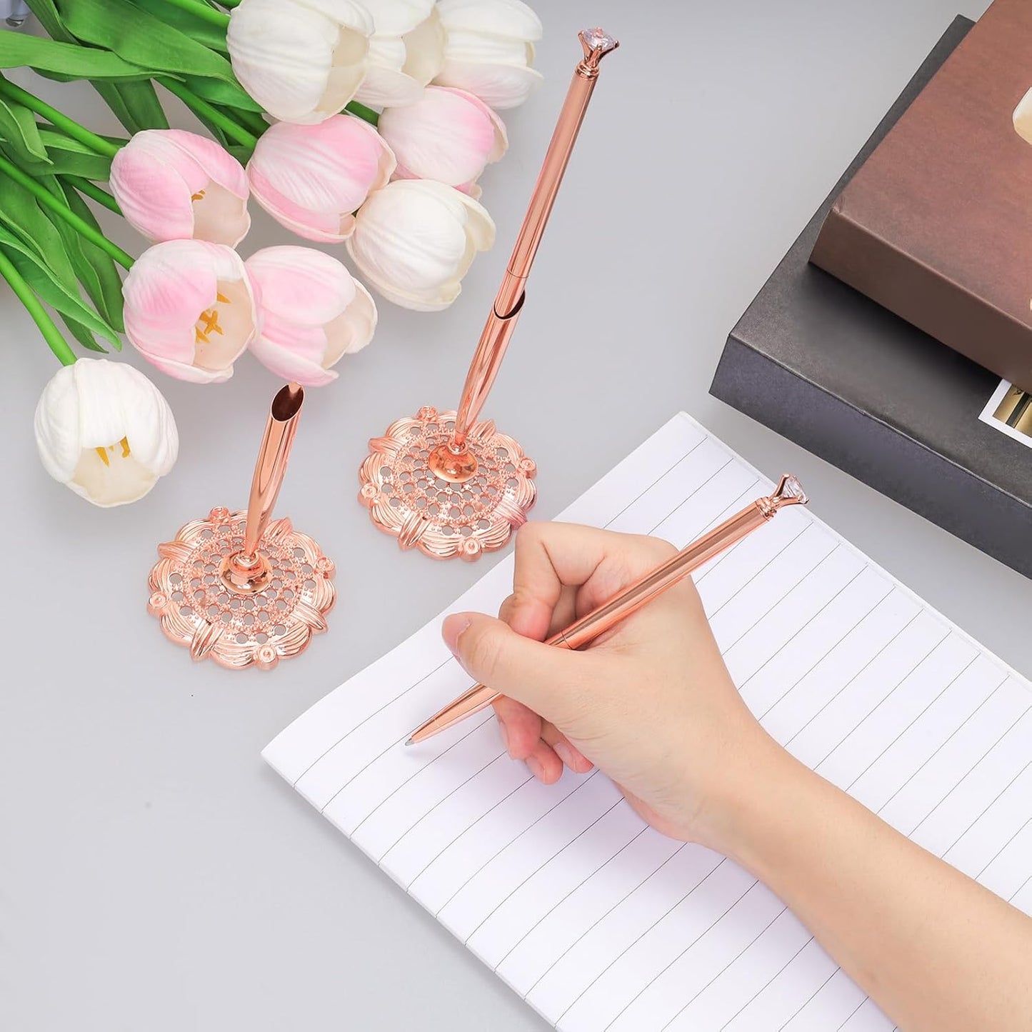 Bcxfbxd 2 Pcs Hollow Round Pen Holder with Diamond Metal Pen Stand Holder Set Signing Pen Set Signing Desk Ballpoint Pens for Guest Book Wedding Birthday Graduation Teacher Office Business (Gold)