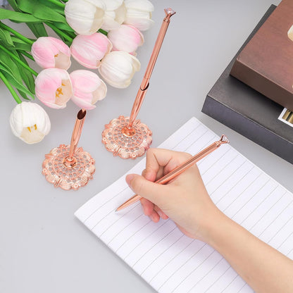 Bcxfbxd 2 Pcs Hollow Round Pen Holder with Diamond Metal Pen Stand Holder Set Signing Pen Set Signing Desk Ballpoint Pens for Guest Book Wedding Birthday Graduation Teacher Office Business (Gold)