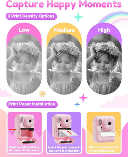 Pussan Kids Camera Instant Print, 1080P Instant Print Camera Toys for 3-12 Year Old Girls, Christmas Birthday Gifts for Age 3 4 5 6 7 Girls, Kids Digital Camera Toys with 3 Rolls Print Paper-Pink