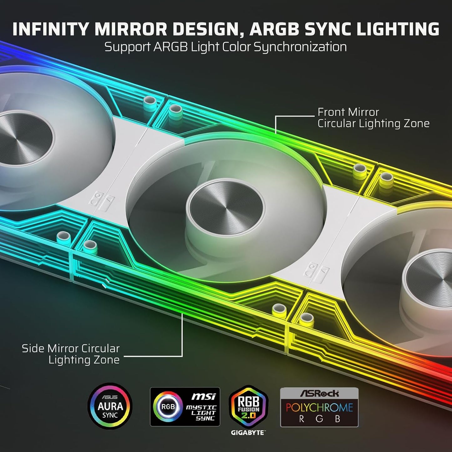LTC CF-123D 120mm PC Case Fan, Daisy-Chain Connection, Infinity Mirror ARGB Lighting, Reversible Airflow 2000RPM Max, HDB Bearing PWM Computer Case Cooling Fan, Motherboard SYNC, 3 Pack, White