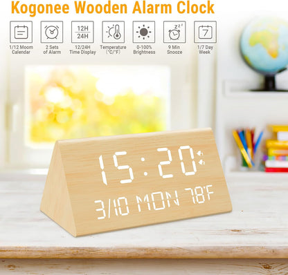 Kogonee Wooden Digital Alarm Clock, 0-100% Dimmer, 2 Alarm Settings, Weekday/Everyday Mode, 9 Mins Snooze, 12/24H, Temperature and Date Display for Office, Travel, Bedroom Alarm Clock (White)