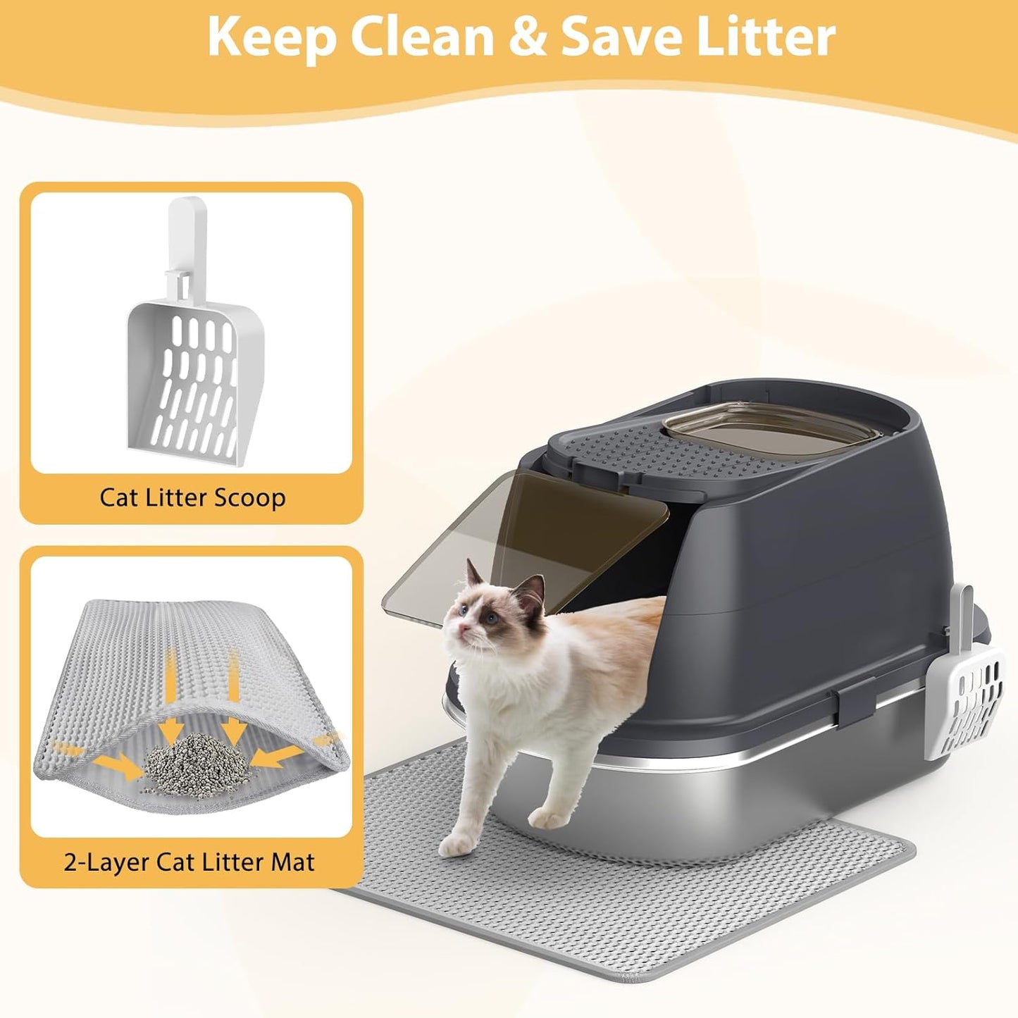 OGEMXU Stainless Steel Litter Box with Lid, Top Entry Covered Kitten Litter Box, Enclosed Litter Tray for Easy Cleaning & Odor Control, Includes Scoop and Litter Mat, Gray