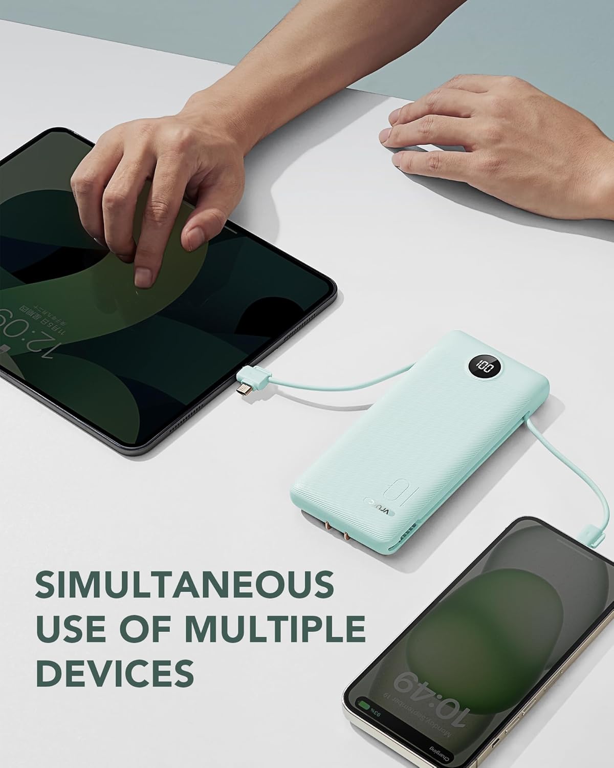 Portable Charger for iPhone, 10000mAh Power Bank with Built-in Cables & AC Wall Plug, USB C Phone Charger 5 Output External Battery Pack Compatible with iPhone Samsung Google Pixel Android -White