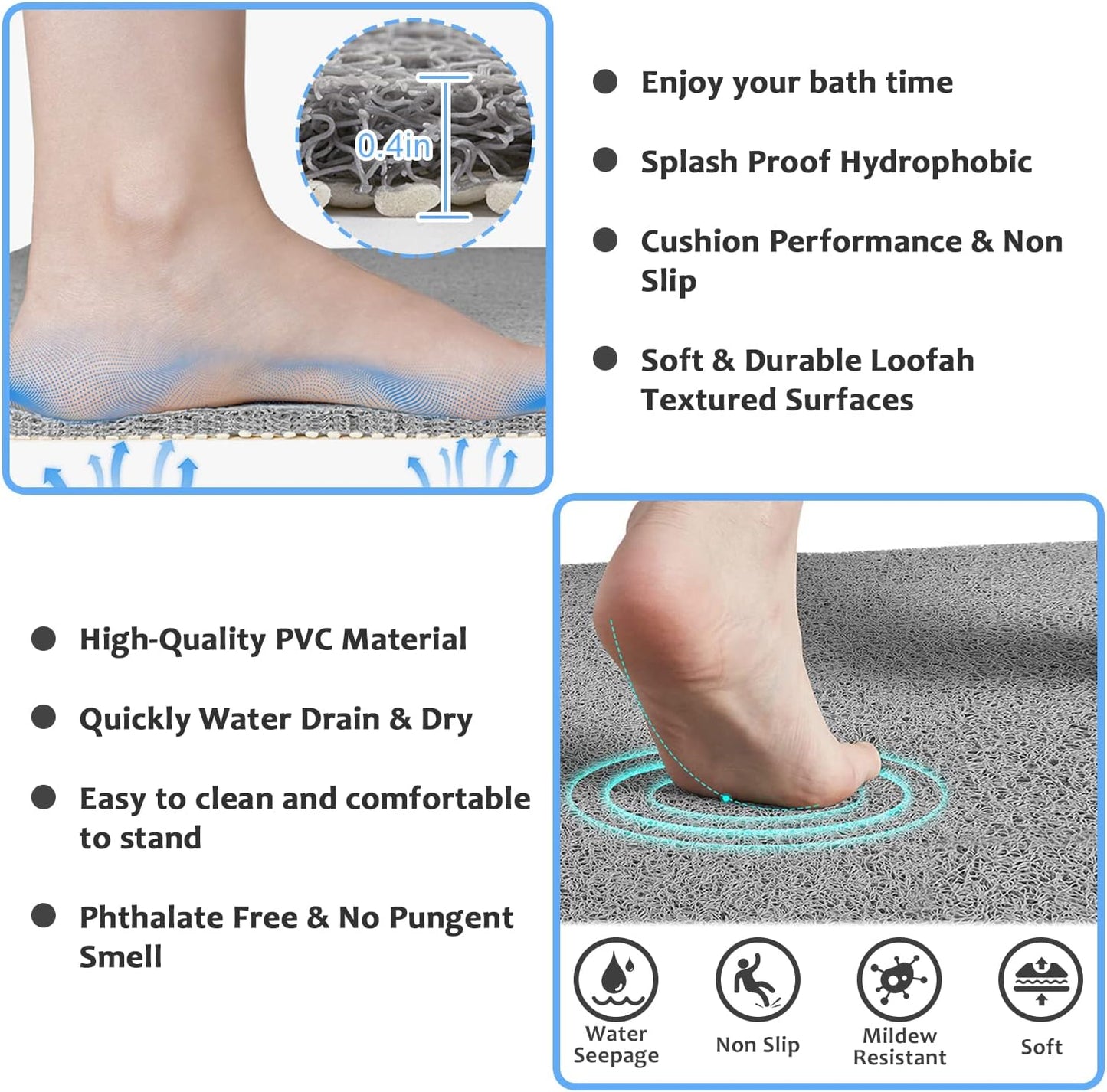 Bathtub Mat Non Slip Shower Mat, 40 x 100 cm, Soft Textured PVC Loofah Mat for Bathroom Inside Shower Anti Slip Bath Mat Bathroom Rug Carpet No Suction Cup, Quick Dry