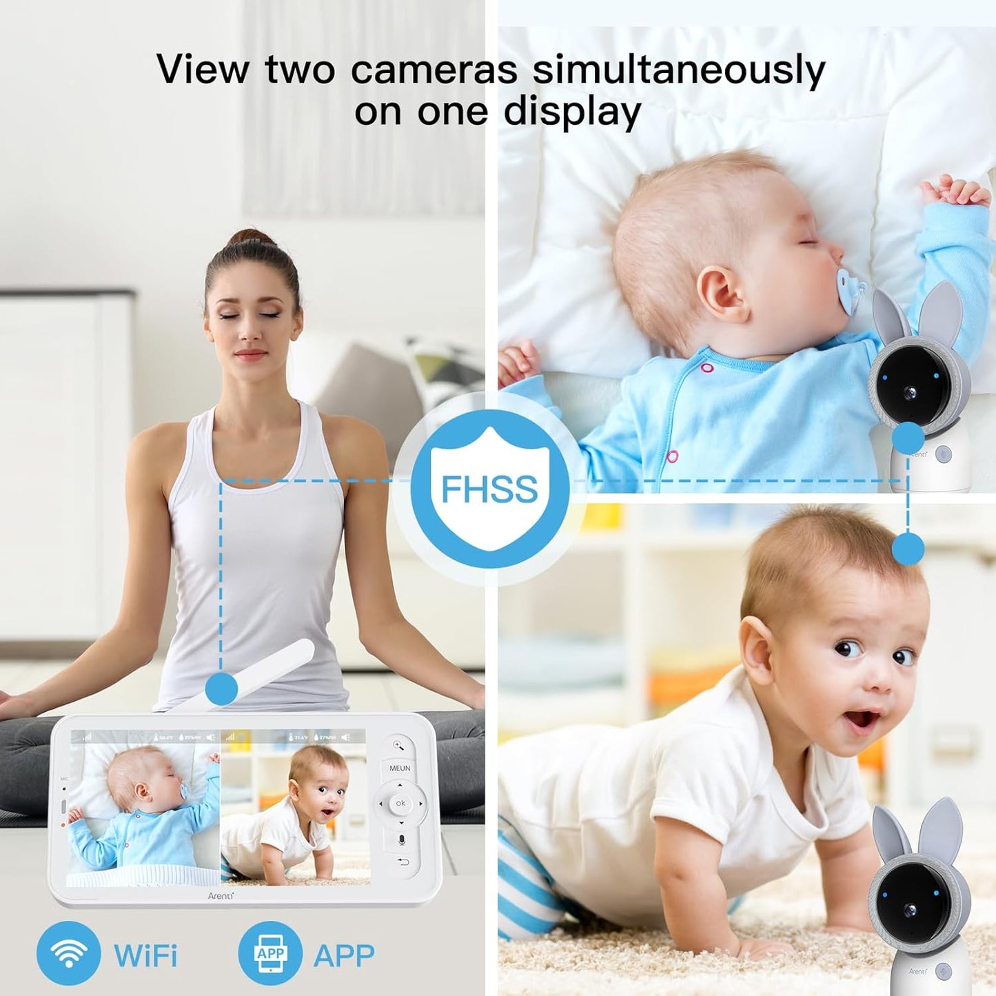 Arenti Baby Monitor 2 Cameras, 2K Smart Baby Camera 2PC with 5-Inch Upgraded Wireless Display 1PC, Super Night Vision, Lullabies, Cry & Motion Detection, Temp & Humidity Sensor, Two Way Audio, ‎Wifi 6