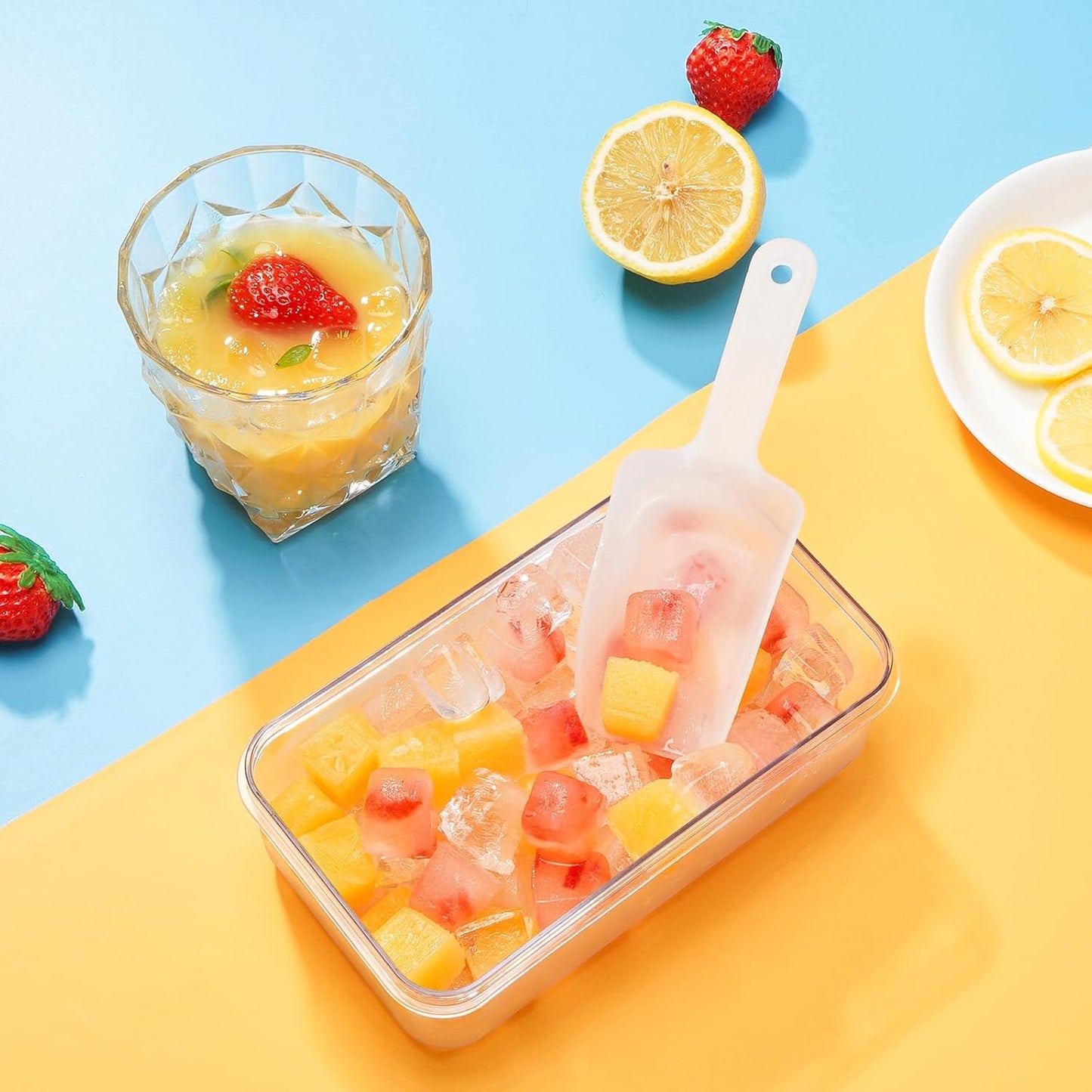 PHINOX Ice Cube Tray with Lid and Bin, Easy Release 56 Cubes for Freezer | Food-grade BPA-free PP and ABS.0.8" mini cubes for fruit, cocktails, coffee. Airtight, odor-free, stackable with scoop