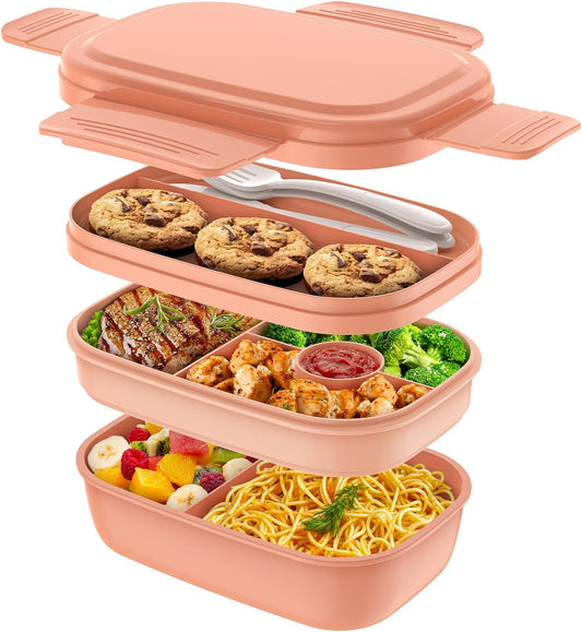Bento Box Adult - 3 Layers Stackable Lunch Containers for Adults & Kids, 72oz Large Salad Containers for Lunch with Utensil Sauce Dressing Containers for Dining Out,Work,Pink