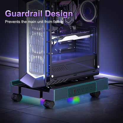 Computer Tower Stand with Charging Station, Cooler Fan and Light, Adjustable PC Stand for Floor, Mobile CPU Stand with 4 Caster Wheels, Under Desk CPU Holder Fits Most PC Tower