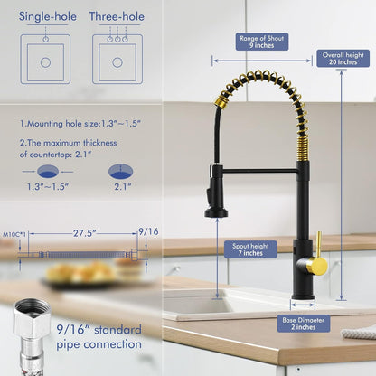 GIMILI Matte Black Kitchen Faucet with LED Light,Single Hole Spring Kitchen Sink Faucet with Pull Down Sprayer