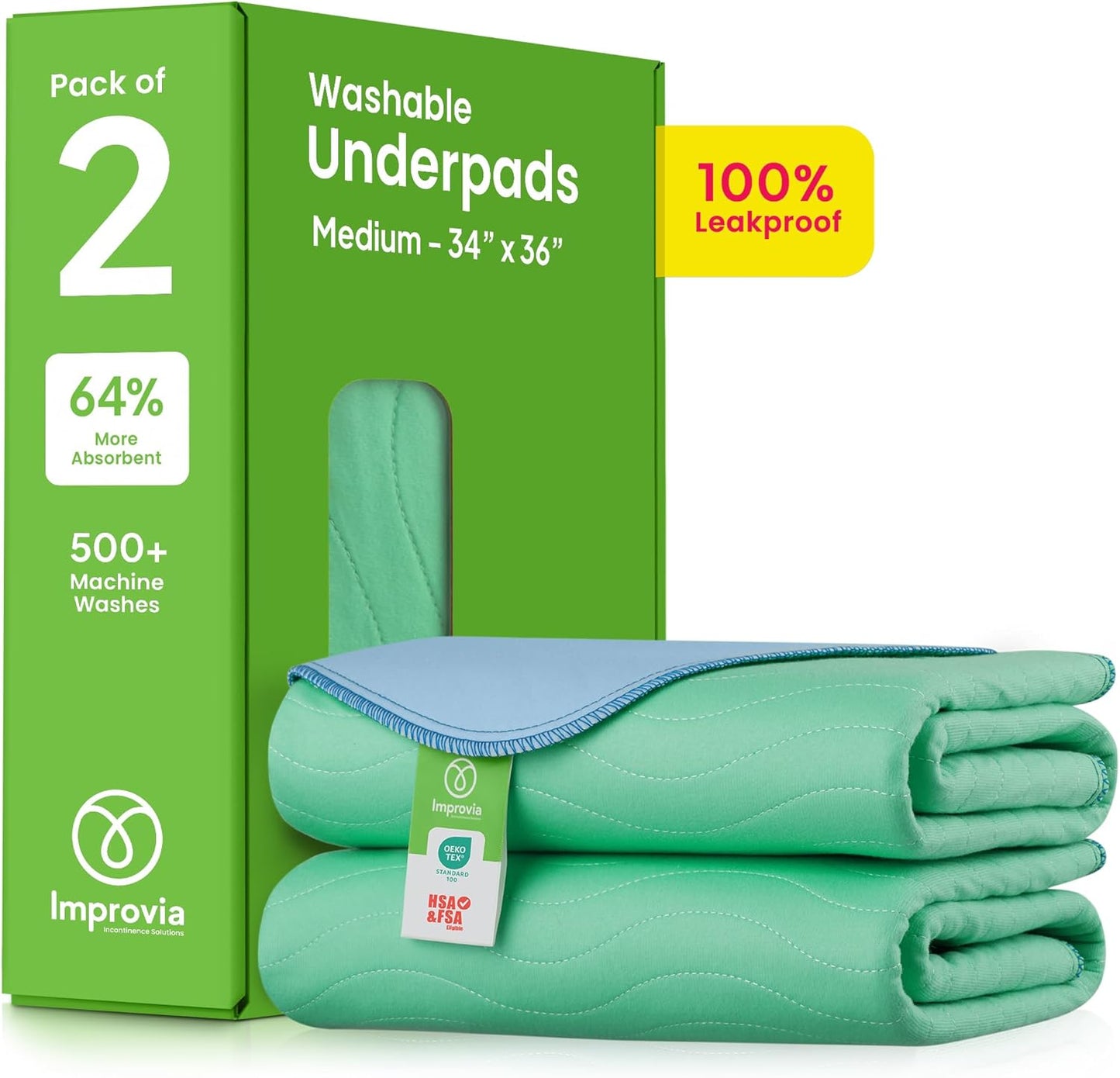IMPROVIA® Washable Underpads, 34" x 36" (Pack of 4) - Heavy Absorbency Reusable Bedwetting Incontinence Pads for Kids, Adults, Elderly, and Pets - Waterproof Protective Pad for Bed, Couch, Sofa, Floor