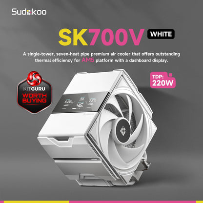Sudokoo SK700V AM5 CPU Cooler, AM5 Exclusive, Digital Display, 7 Heatpipes CPU Air Cooler, Single Tower, 120mm FDB PWM Fan, Full RAM Freedom, L-Rail Lock Mount, 5 Years Warranty, Black, PC Cooler