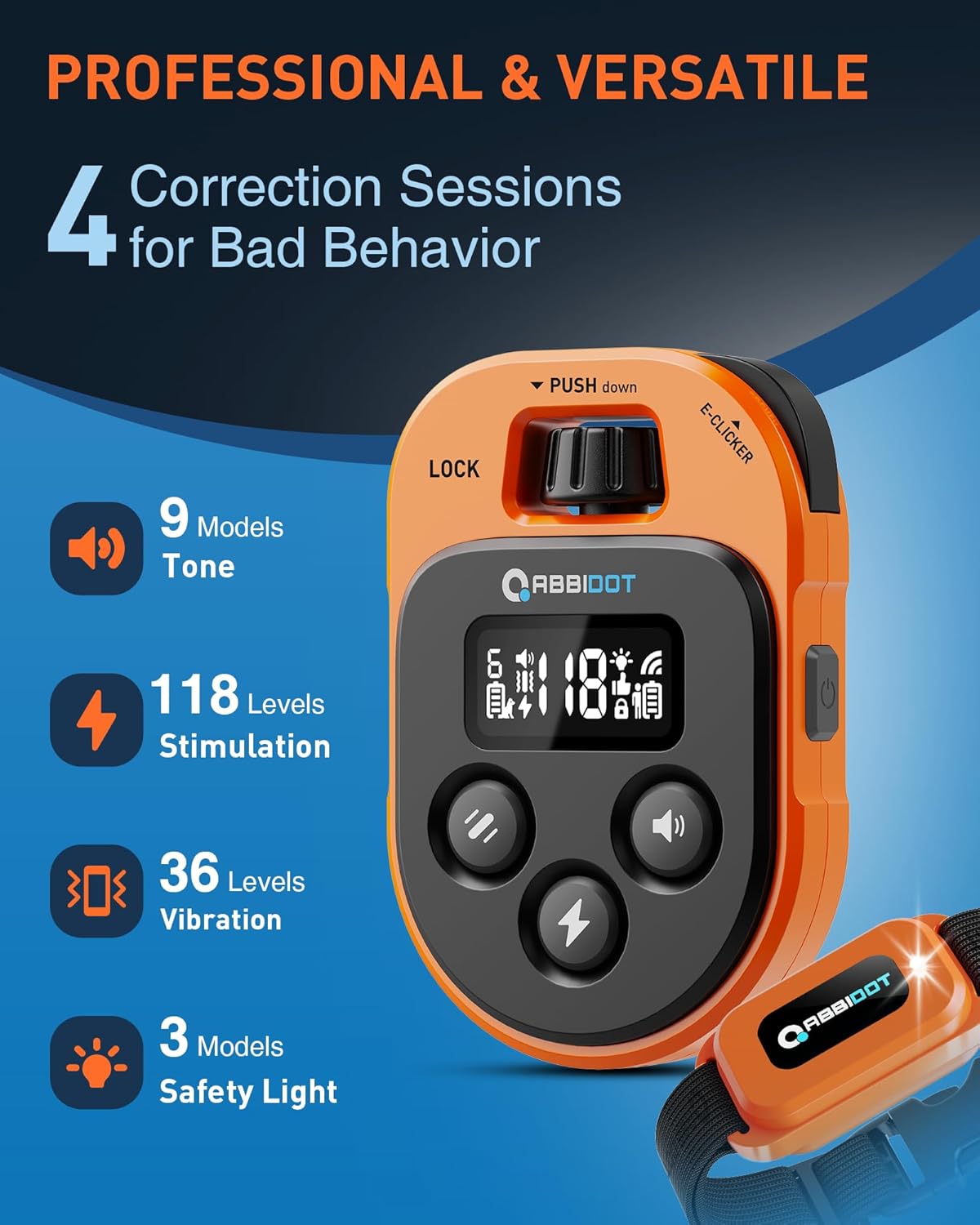 ABBIDOT Shock Collar - 4500ft Dog Training Collar, 178 Levels Dog Shock Collar, E-clicker, Waterproof Remote & Collar, Night Light E Collar for Small Medium Large Dogs (Black, 1 Collar)