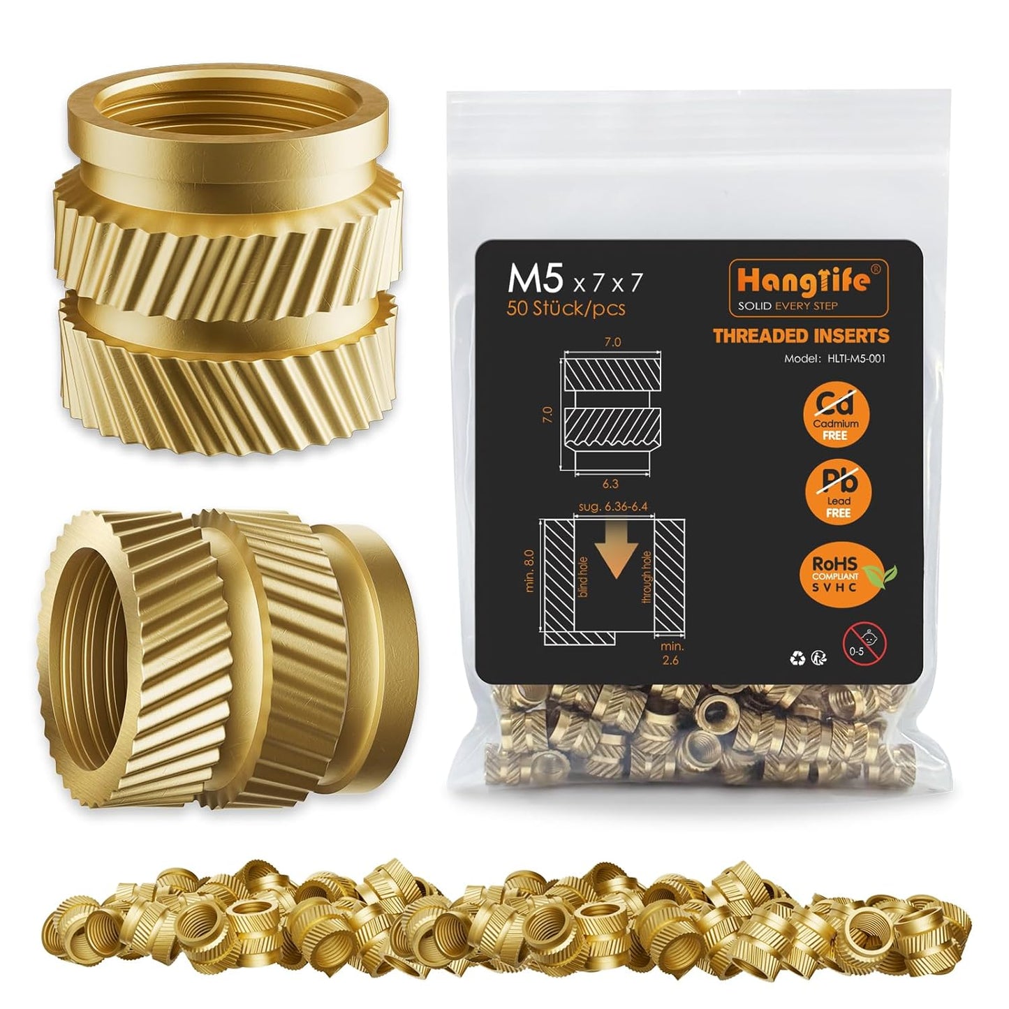 HANGLIFE Heat-Set Threaded Inserts, M3 Heat Set Insert for 3D Printing Components and Plastic Parts - Brass Metric Knurled Nuts (100 Pieces)