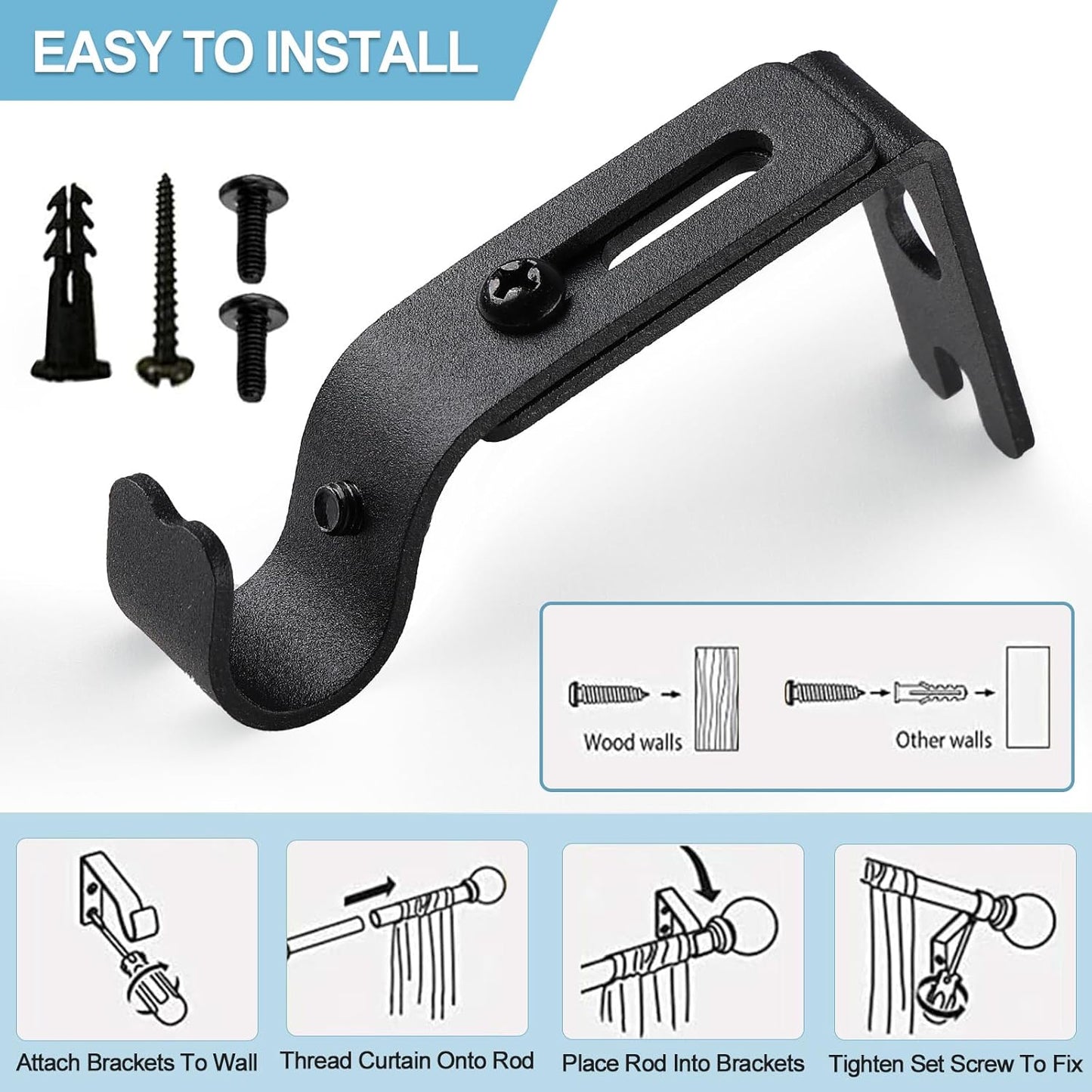 Black Curtain Rods for Windows 28 to 48 Inch, 5/8 Inch Small Curtain Rod For Bathroom, Living room, Kitchen (size：28-52 Inch)