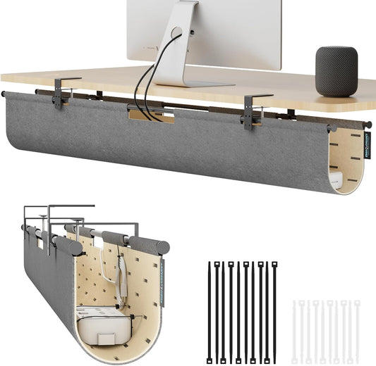No Drill Under Desk Cable Management Tray, 45.2" Large Felt Cord Organizer with Pegboard-Style Design, Power Strip Holder, Privacy Panel for Standing Desk & Home Office, Clamp/Screw Mount(Gray/Khaki)