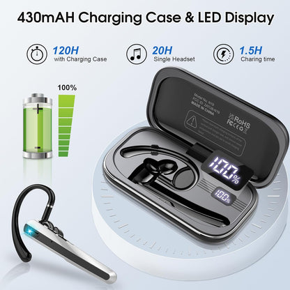Atheewon Bluetooth Headset V5.3, Bluetooth Earpiece with ENC Noise Canceling Mic, 120Hrs Talk Wireless Headset with LED Display, IP7 Waterproof for Trucker
