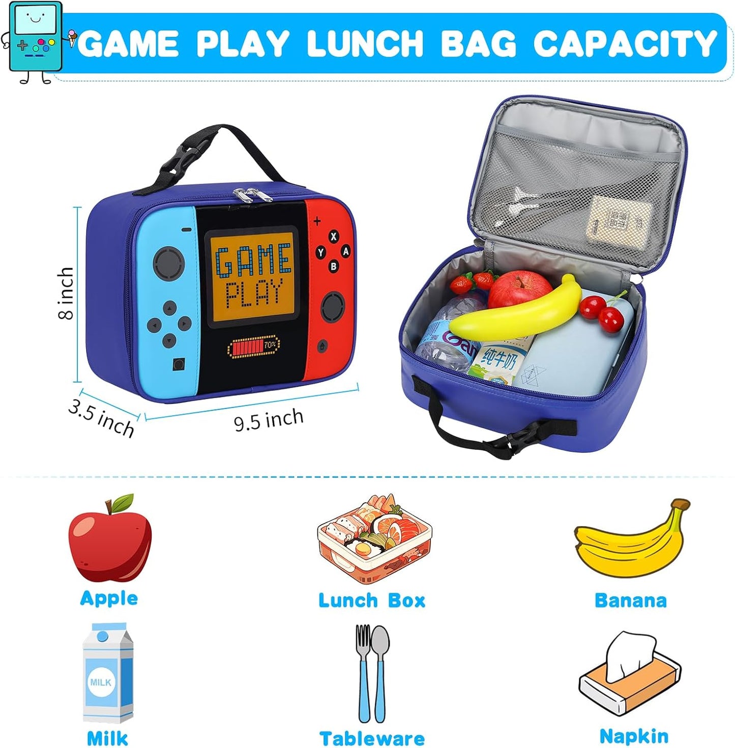 Kids Lunch Bag Insulated Back to School Reusable Tote Lunch Box for Girls Boys-Game Play