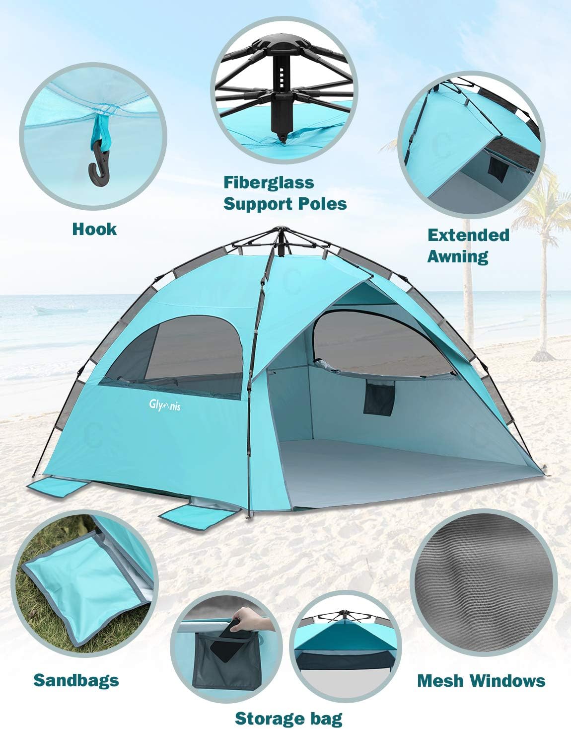 Glymnis Beach Tent Pop Up Beach Tent XL 4-6 Person Easy Setup Portable Sun Shelter UPF 50+ Sun Shade Tent with Carry Bag for Beach Garden Picnic