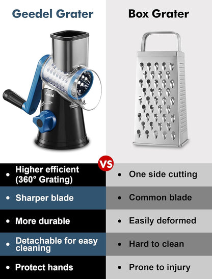 Rotary Cheese Grater and Mandoline Vegetable Slicer with Interchangeable Stainless Steel Blades – Manual Food Grater for Vegetables, Cheese, Nuts, and Fruits, Black - PuriLite