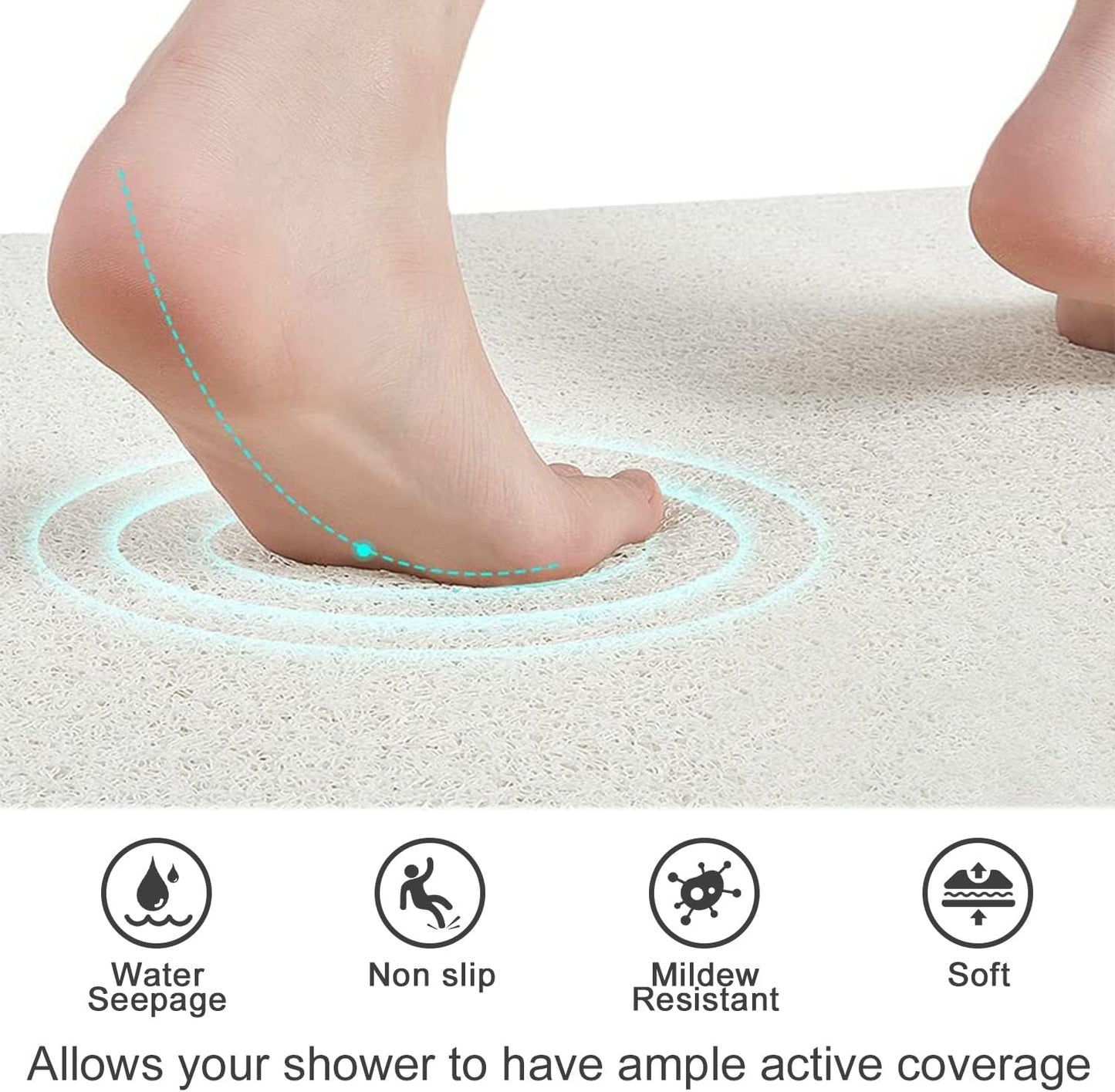 Square Shower Mat, Non Slip Bath Mat, Loofah Shower Stall Mats for Walk-in Shower, 32 x 32 Inches Shower Floor Mat with Drain, Bath Mats for Showers Bathroom, Tub, Seniors