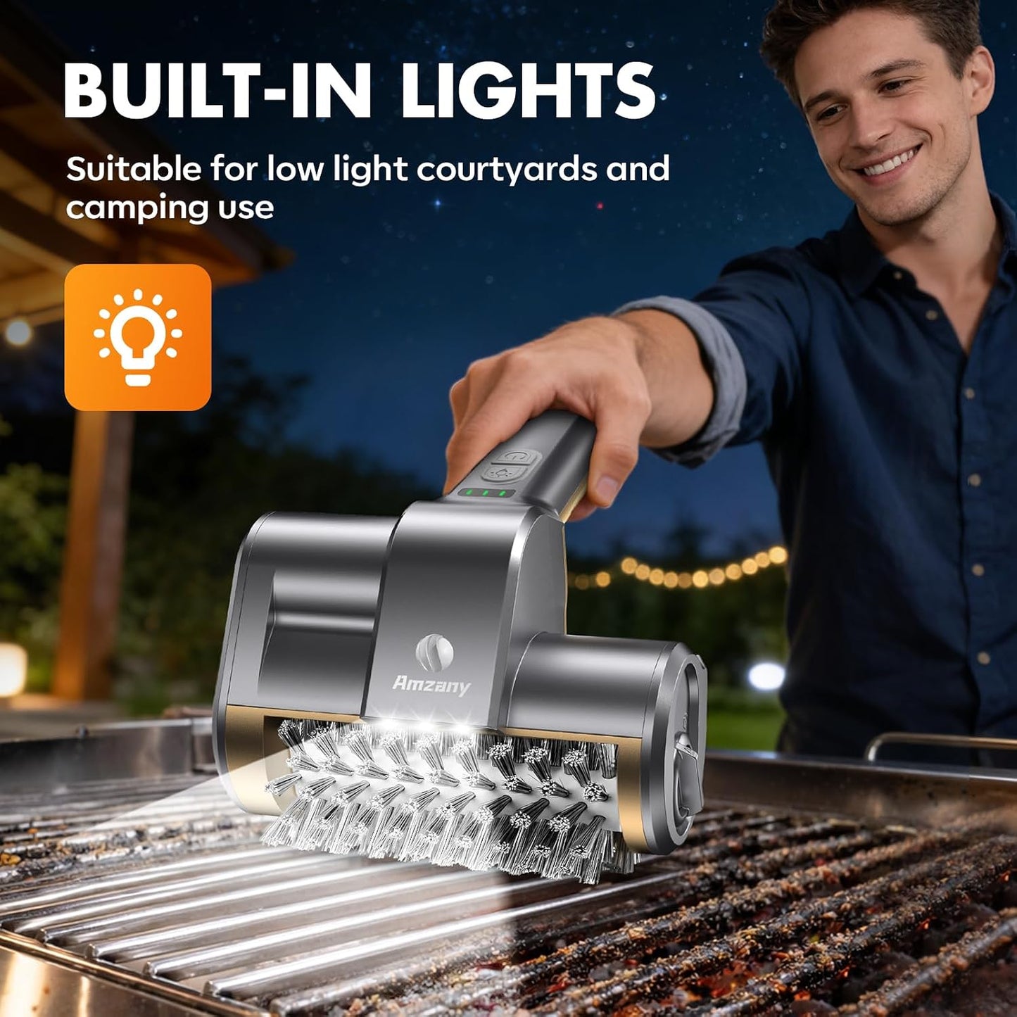 Amzany Cordless Electric Grill Brush — Rechargeable BBQ Cleaner with 3 Replaceable Heads, 2-Speed Powerful Motor, 150-Min Runtime, LED Light for Charcoal, Pellet Grills & Griddles