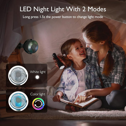 Momcozy Portable Stroller Fan, 27H Ultra-long Battery Life, Detachable 4 Speed 360°Rotate, LED Night Light with 2 Modes, USB Rechargeable and Handheld Cooling Fan for Travel, Car Seat