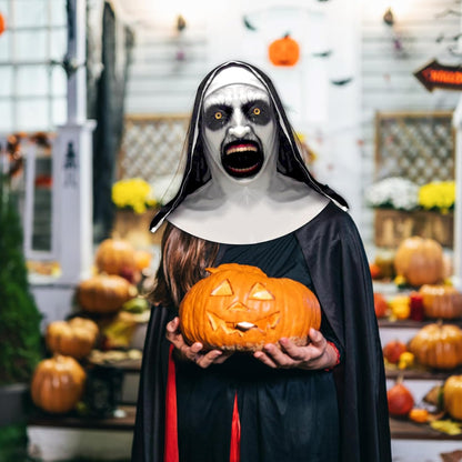 Halloween Mask with Hat Scary Nun Mask Creepy Full Head Realistic Mask Female Ghost Devil Full Head Mask Halloween Cosplay