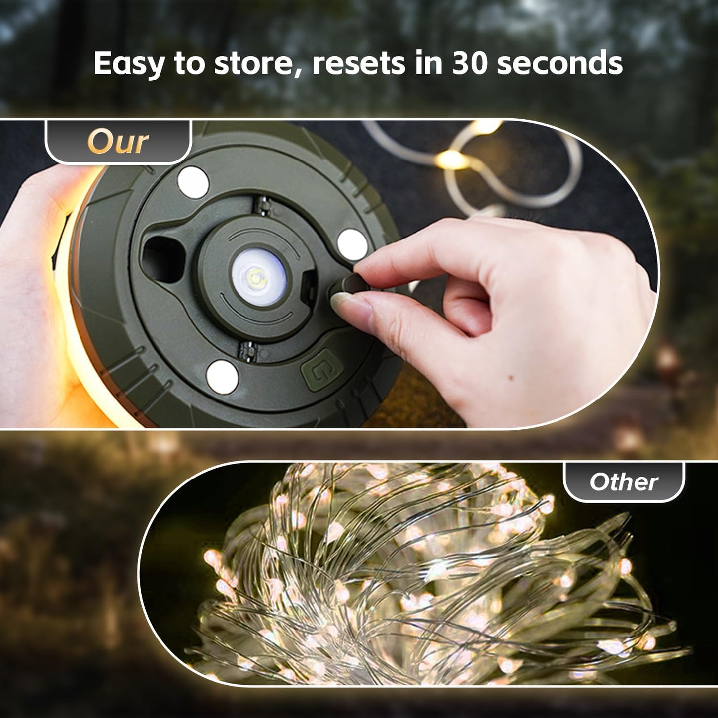 Camping String Lights, 32.8Ft Outdoor String Lights with 8 Lighting Modes,Quick 30s Recovery,Portable and Durable,12H Runtime-Rechargeable Camping Lights for Outdoor Yard Hiking
