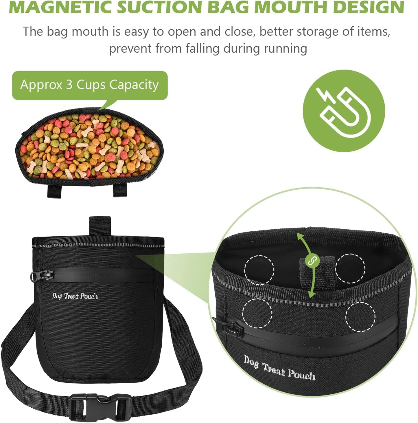 KeeKit Dog Treat Pouch, Magnetic Closure Pet Training Bag with Pull-up Inner Pocket, Dog Reward Pocket Including Waist Belt for Dog Walkers - Black