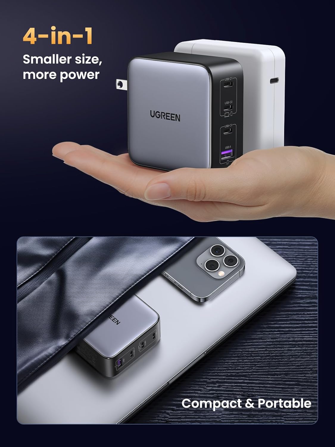 UGREEN Nexode 100W USB C Charger Block, 4-Port GaN Charger Block Fast Charger Compatible for MacBook Pro/Air, iPad Pro, Dell XPS, Galaxy S23/S22, iPhone 15/14/13 Series, Pixel, Steam Deck and More