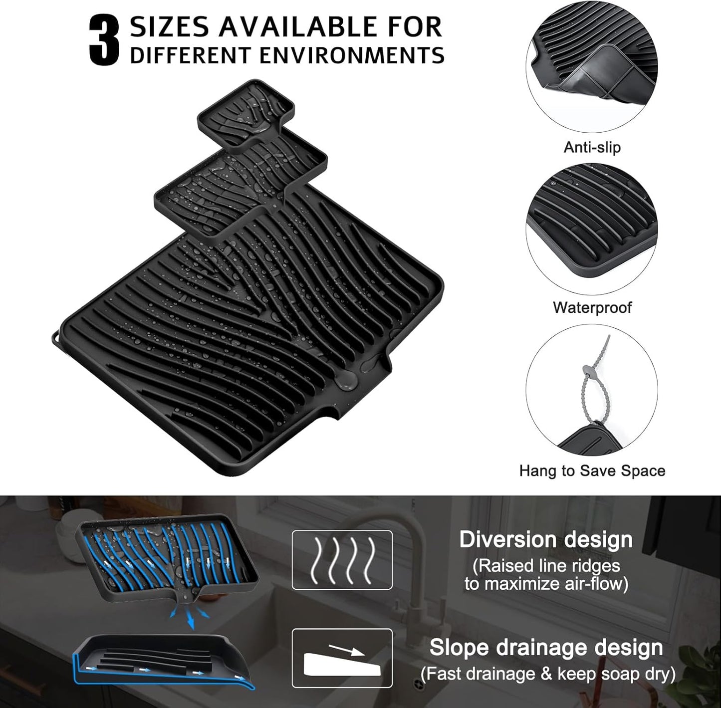 TIKNIK Silicone Dish Drying Mat for Kitchen Counter, Dish Drying Pad, Non-Slip Drain Pad with Built-in Drain, Heat Resistant Stone Drying Mat(40 L x 33 W cm, Grey)