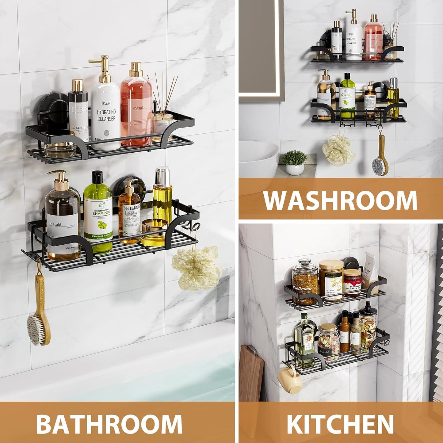 LEVERLOC Shower Caddy Suction Cup, 2 Pack Black Shower Shelf with Hooks and Soap Holder, NO-Drilling Bathroom Organizer, Rustproof Metal Bathroom Storage and Organization