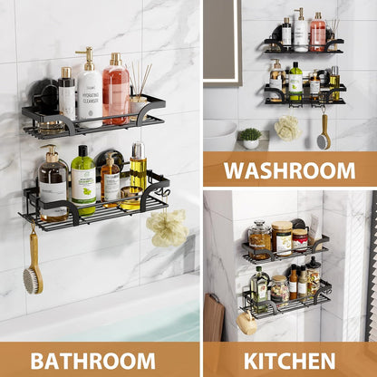 LEVERLOC Shower Caddy Suction Cup, 2 Pack Black Shower Shelf with Hooks and Soap Holder, NO-Drilling Bathroom Organizer, Rustproof Metal Bathroom Storage and Organization