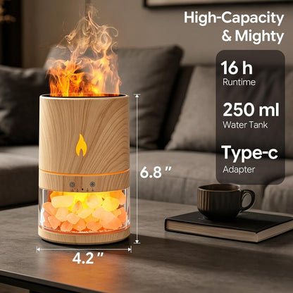 5-in-1 Flame Himalayan Salt Lamp Ultrasonic Essential Oil Diffuser, Cool Mist Humidifier, 1H/3H/6H Timer, Auto Shut-Off, Quiet Aromatherapy, 100% Pure Salt Crystals, 250ml (Wood)