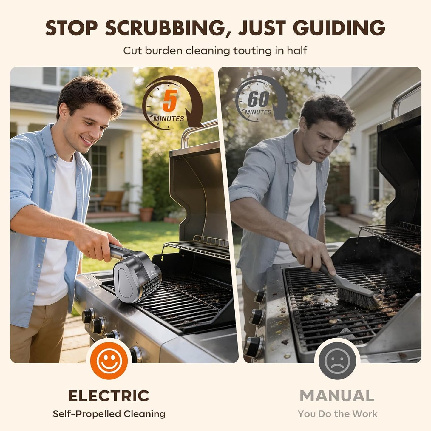 Amzany Cordless Electric Grill Brush — Rechargeable BBQ Cleaner with 3 Replaceable Heads, 2-Speed Powerful Motor, 150-Min Runtime, LED Light for Charcoal, Pellet Grills & Griddles