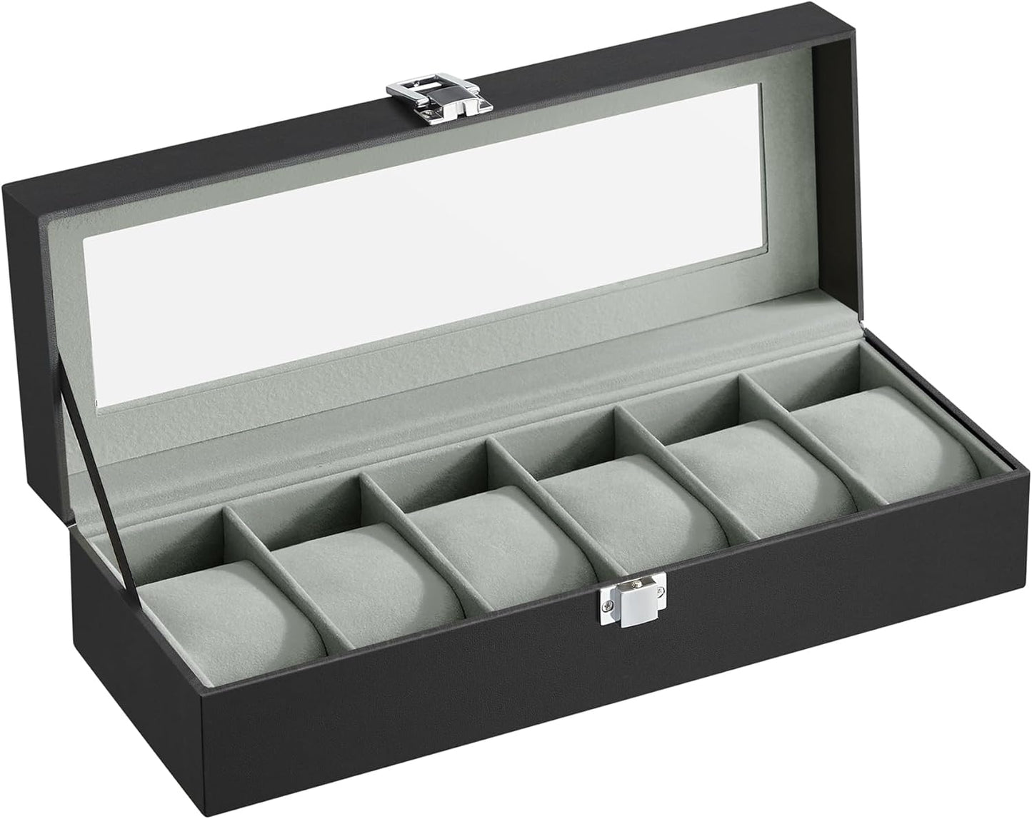 SONGMICS Watch Box, 6-Slot Watch Case, Watch Box Organizer, Black Synthetic Leather, Greenish Gray Lining UJWB06BK