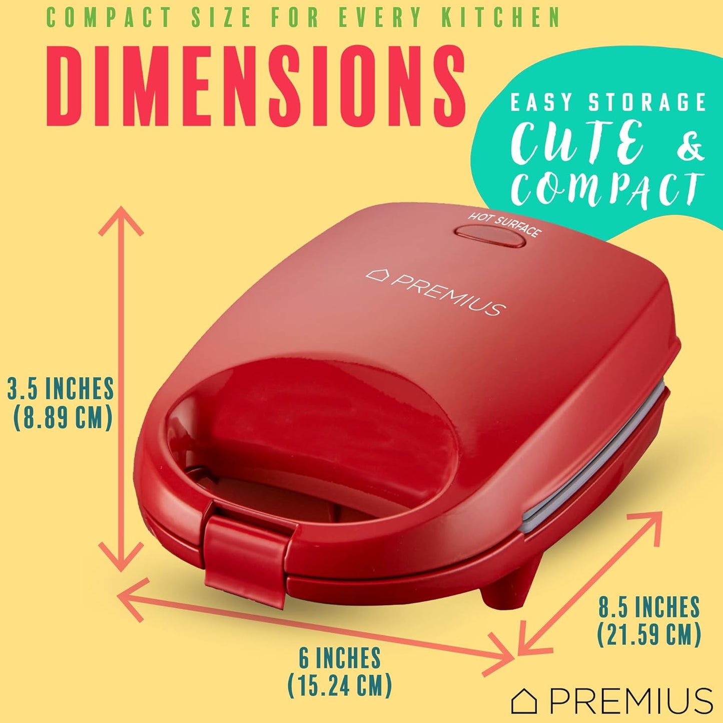 PREMIUS Ceramic NonStick Mini Snack Sandwich Maker, Indicator Light, 5x4.4 Inch Mold, Great for French Toast, Tuna Melt, Egg & Grilled Cheese, Pancake Sandwich, Desserts, Toasties, 520 W (Red)