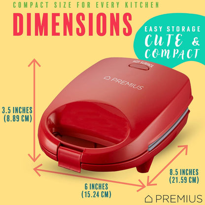 PREMIUS Ceramic NonStick Mini Snack Sandwich Maker, Indicator Light, 5x4.4 Inch Mold, Great for French Toast, Tuna Melt, Egg & Grilled Cheese, Pancake Sandwich, Desserts, Toasties, 520 W (Red)