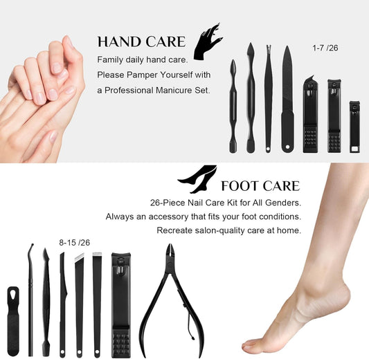 Nail Clippers Set, 26 Piece Manicure Set & Pedicure Kit, Stainless Steel Fingernail & Toenail Clipper Cutters, Professional Nail Care Tools with Luxurious Travel Case for Men and Women, Black - PuriLite