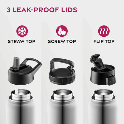 FineDine Water Bottle - Stainless Steel Insulated Water Bottle with Straw Lid, Flip Lid & Wide-Mouth Cap - Keeps Hot and Cold - 25 Oz / 739ml - Pure Pearly White