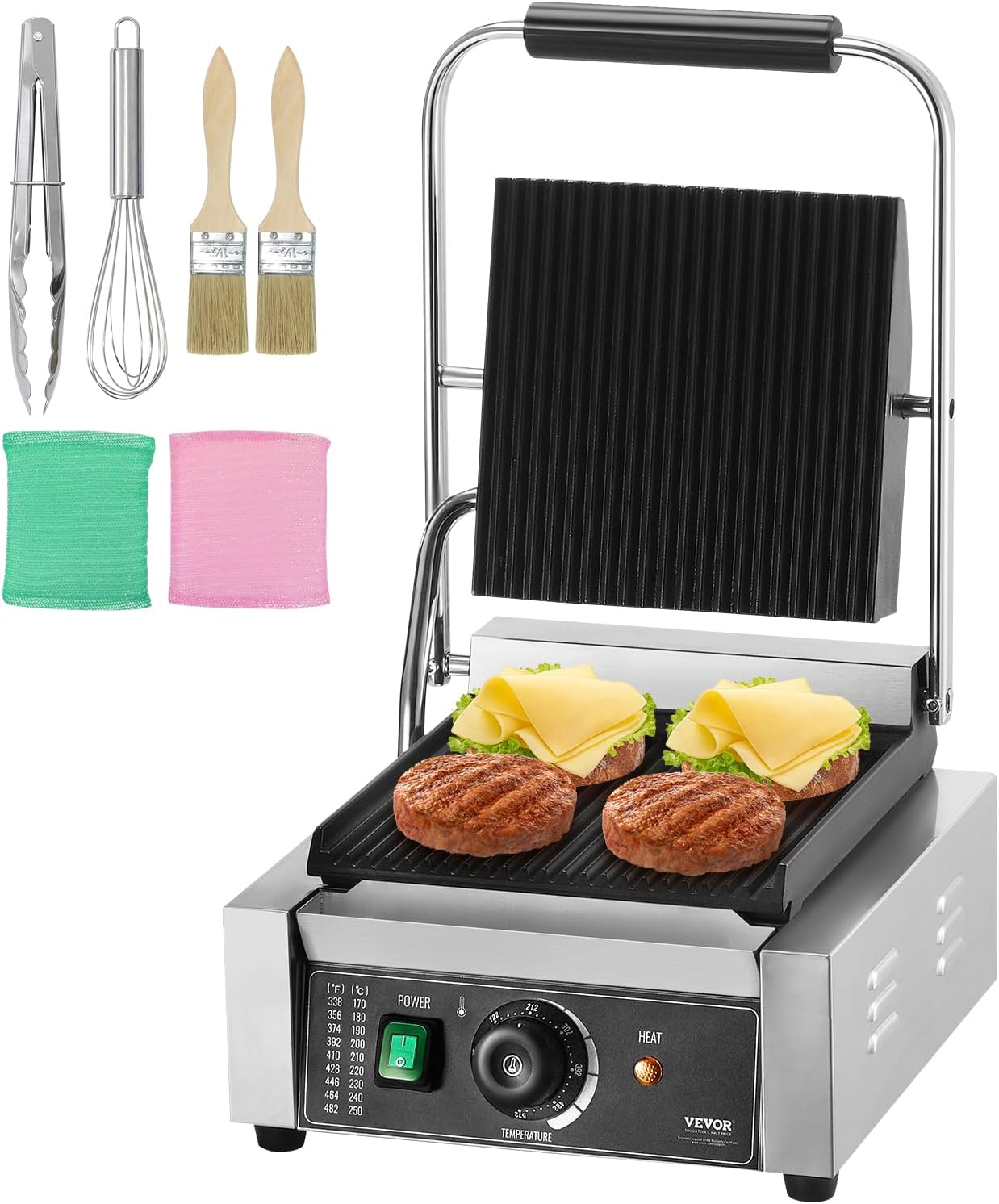 VEVOR 7 IN 1 Electric Contact Grill,1800W Indoor Panini Press Griddle,Stainless Steel Teppanyaki Grill with Nonstick&Removable Iron Plate, 0-446℉ Adjustable Temp Control,LCD Display,110V