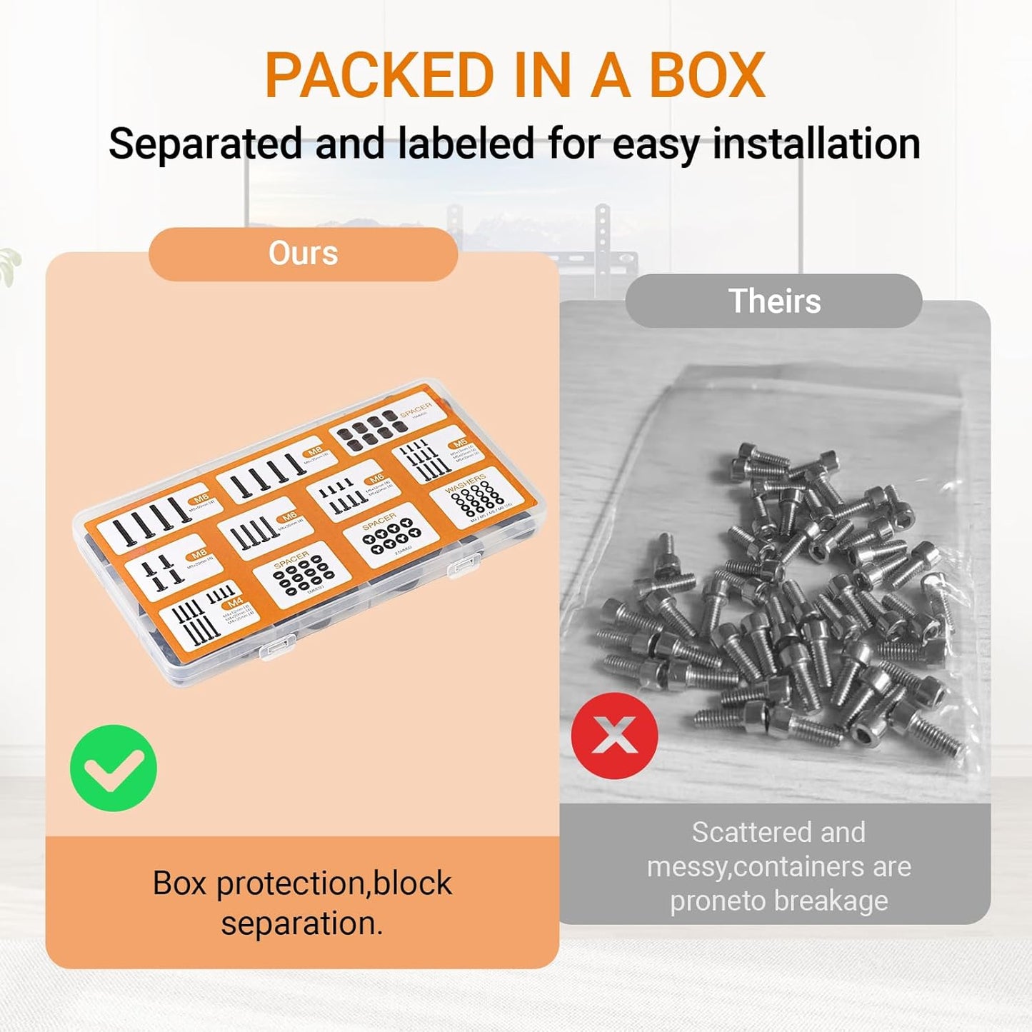Universal TV Mounting Hardware Screw Kit Set - M4 M5 M6 M8 Screws,Spacers and Washers for Most TV/Monitor VESA Mount, TV Mount Replacement Screws with Box up to 80 inch(Black)