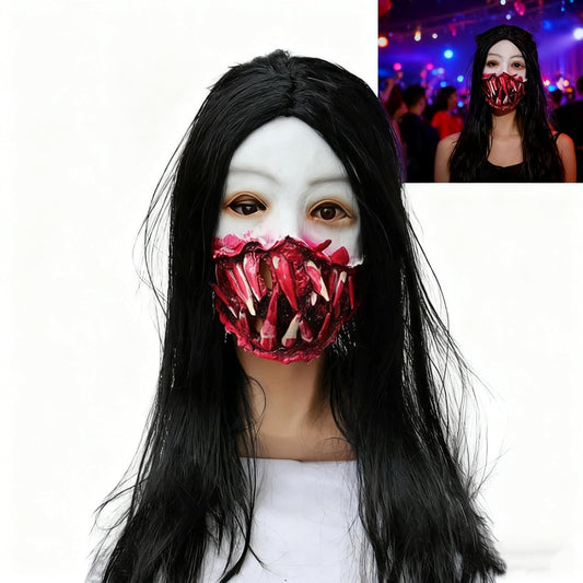 Bloodcurdling Zombie Woman Latex Mask – Realistic Gore Design with Long Black Hair, One Size for Adult Devotees