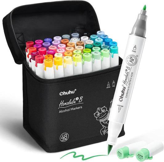 Ohuhu Alcohol Markers 48 Colors: Brush & Fine Dual Tips Alcohol-based Art Markers for Adults Artists Cozy Coloring Illustration Drawing Sketching- Honolulu 2B- AP Certified Refillable Ink