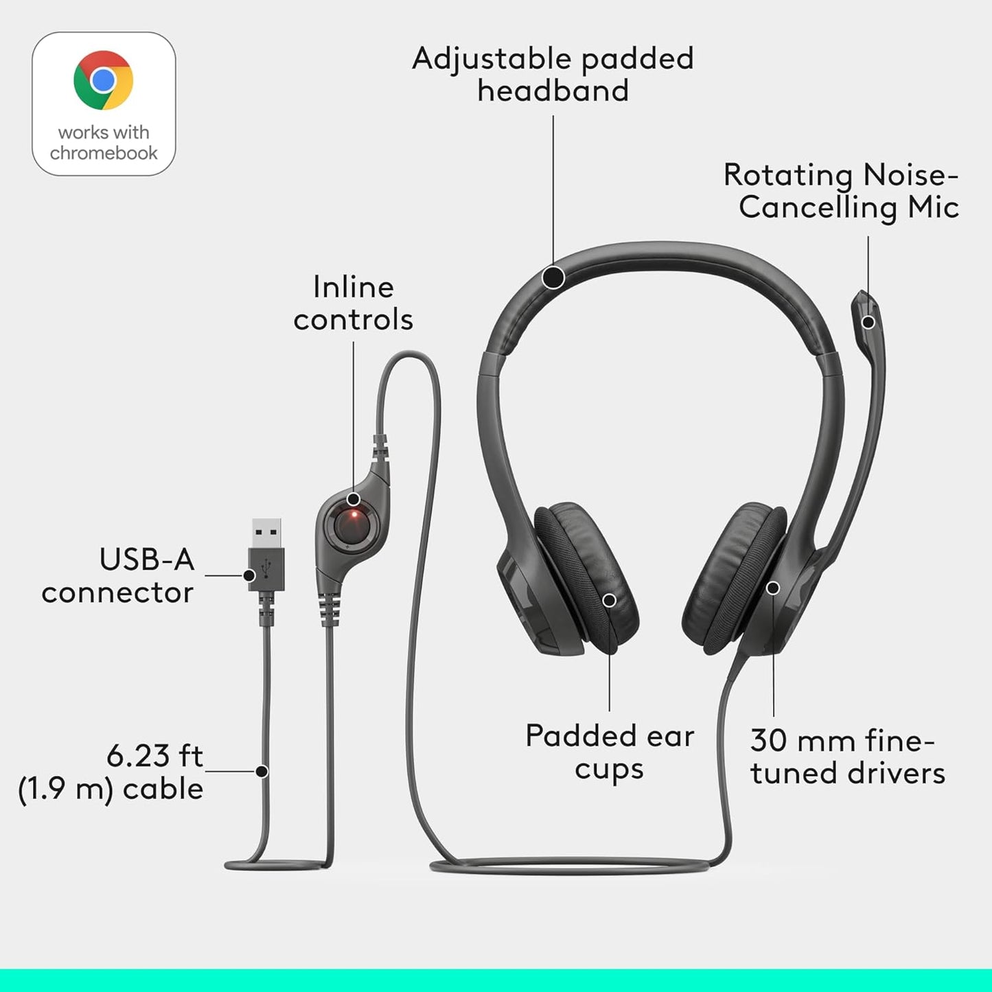 Logitech Zone 301 Wireless Bluetooth Headset with Noise-Canceling Microphone, Compatible with Windows, Mac, Chrome, Linux, iOS, iPadOS, Android – Graphite