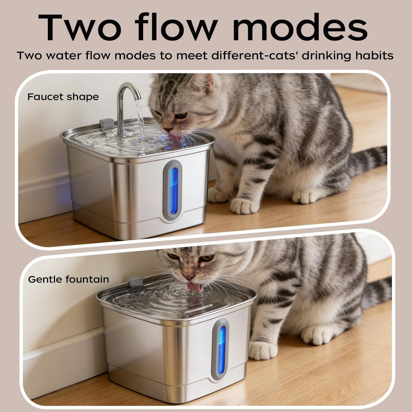 Cat Water Fountain, 101oz/3L Stainless Steel Pet Water Dispenser | Ultra-Quiet 25 dB Cat Fountain with Water Level Window, 2 Filters & 2 Sponges Included for Indoor Cats