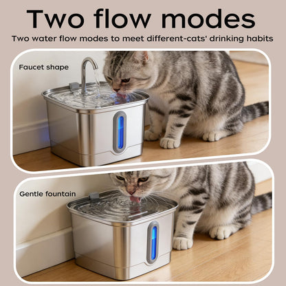 Cat Water Fountain, 101oz/3L Stainless Steel Pet Water Dispenser | Ultra-Quiet 25 dB Cat Fountain with Water Level Window, 2 Filters & 2 Sponges Included for Indoor Cats